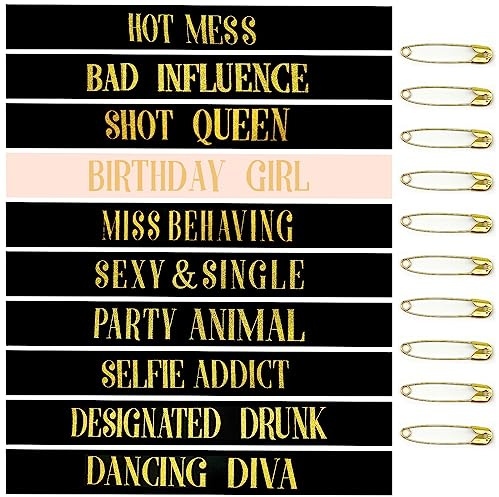 BLMHTWO 10 Stück Birthday Girl Schärpe，Geburtstags Schärpe mit Wunschdruck 9 Schwarz Geburtstag und 1 Rosa Geburtstag Mit 10 Stiften Geburtstag Deko Zubehör für Mädchen Damen Geburtstagsfeier