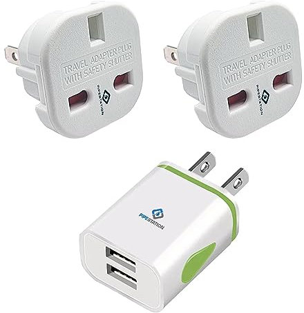 Pipestation US to UK USB Travel Adapter Charger with 2x USA to UK Travel Adaptors | 2-Pin America Adaptor with 2 USB Ports | 3-Pin to American 2 Flat Pin | Converter for America, Canada, China, Japan