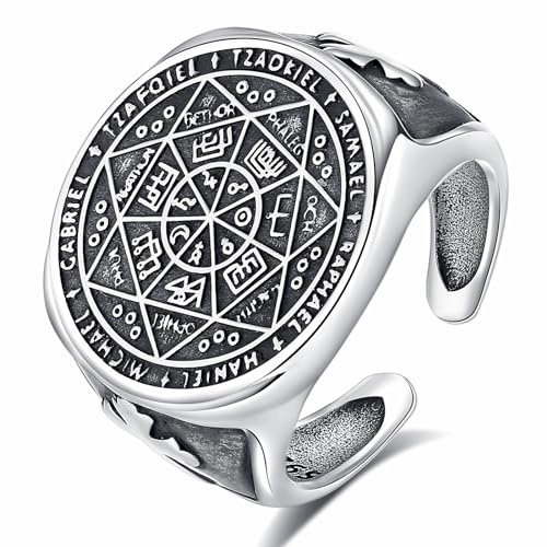 CELESTIA Bague Sept Archanges Sceau des 7 Archanges Saint Michel Argent Réglable Bagues Cool Bijoux Occultes Amulette Cadeau pour Papa Père Mari