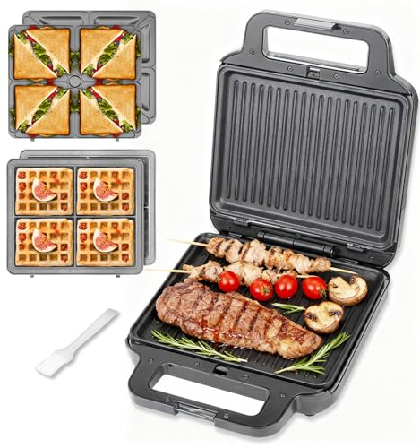 FineMade Panini Grill Press Breakfast Sandwich Maker 3 in 1, Electric Griddle Panini Press, Grilled Cheese Maker, Sandwichera Electrica, Belgian Waffle Maker with Removable Plates