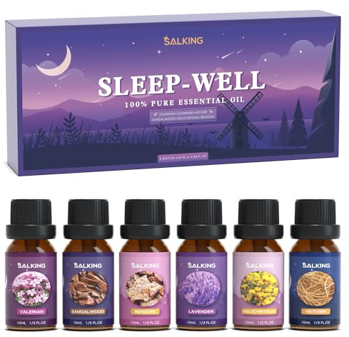SALKING Sleep Essential Oils Set, Pure and Natural Essential Oils, Diffuser Oil Gift Set for Candle Making Scents 6 x 10 ML - Lavender, Vetiver, Sandalwood, Valerian, Helichrysum, Benzoin