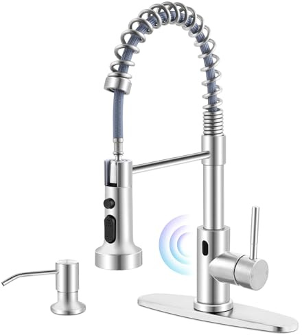 Herogo Touchless Kitchen Faucets with Soap Dispenser, Motion Sensor Activated Commercial Stainless Steel Sink Faucets with Pull Down Sprayer for Vanity RV, Brushed Nickel