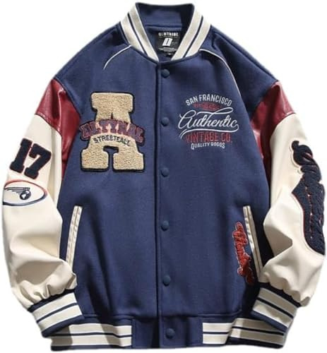Vagbalena Giacca da College College College da Baseball impiombata con Lettera Y2K da Uomo Giacca da Campus Unisex Giacca da Baseball da Motociclista Casual dalla vestibilità Regolare (Blu,XL)