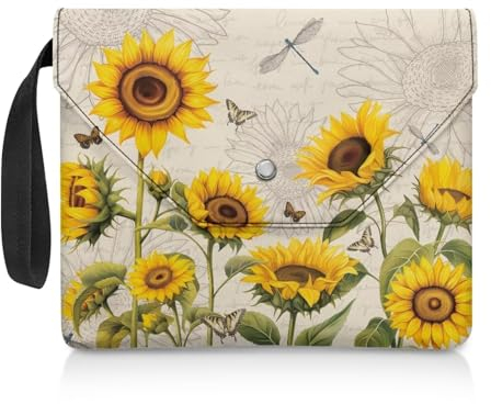 NETILGEN Buchhülle für Leseliebhaber, Geschenke, waschbar, Buchhülle mit gepolstertem Tragegriff, Lesegerät, Geschenk, 30 x 24 cm, Sonnenblume, Libelle, Retro