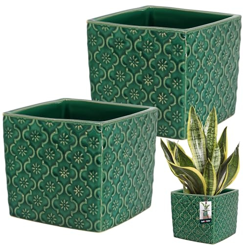 KOTARBAU® Keramik Blumentopf quadratisch Vintage Türkisfarben 13x13cm H: 13cm glasierte Keramik 2 St. viereckig Pflanzkübel quadratisch Blumentopf drinnen Pflanzgefäß Blumentöpfe