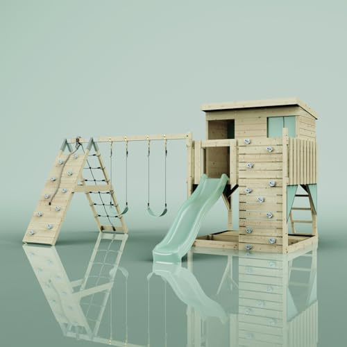 PolarPlay Spielturm Aksel aus Holz in Grün Kinderschaukel