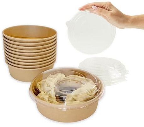 ECOPICNIC Ensaladeras Redondas de Papel Kraft con Tapa Pet 300 Unidades 1000 ml | Cuencos Desechables de cartón Kraft con Tapa, Ideales para ensaladas, sopas, Aperitivos y Alimentos para Llevar