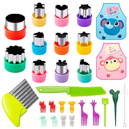 Pilikoll 28 Pezzi Formine per Biscotti e Verdure con Forchetta da Frutta, Coltello a onde, Coltello per Bambini, Grembiule per Bambini Mini Tagliapasta in Acciaio Inox