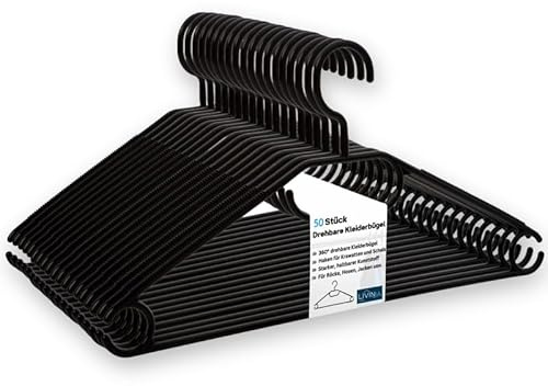 Livinja Kleiderbügel schwarz 50 Stück mit drehbaren Haken, Kleiderbügel Kunststoff, Kleiderbügel Plastik schwarz, Made in EU, Kleiderbügel Haken platzsparend, 100% Recyclingmaterial