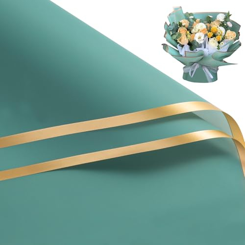 RUSPEPA 20 Blatt Blumengeschenkpapier – 57 x 57 cm, wasserfest, mit Goldrand, für Blumensträuße – Verpackung für Floristenbedarf, Geburtstage, Hochzeiten und Bastelarbeiten – Grün