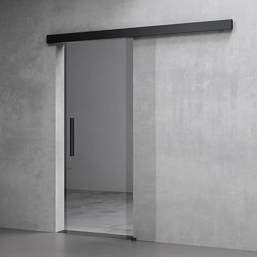 Mai & Mai Glasschiebetür komplettset softclose Schwarz Klarglas | Griffart: Stangengriff, BxH: 90x205cm, 15 mm Wandabstand, inkl. Soft-Close, 8mm ESG-Sicherheitsglas