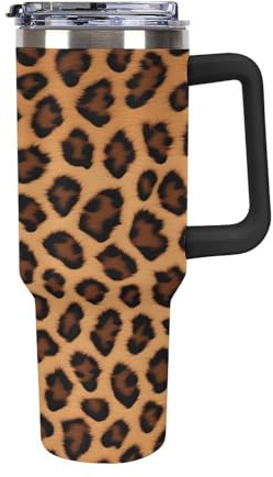 Quteprint 40oz Insulated Stainless Steel Tumbler with Handle, Abstract Brown Leopard Print Leakproof Water Bottles Travel Mug with Lid And Straw for Water, Iced Tea Or Coffee for Most Car Cup Holder