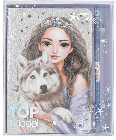 Depesche 13176 TOPModel Wolf - Cuaderno en Plata Brillante y Azul, con Motivo de Lobo, Estrellas y 160 páginas, Incl. lápiz