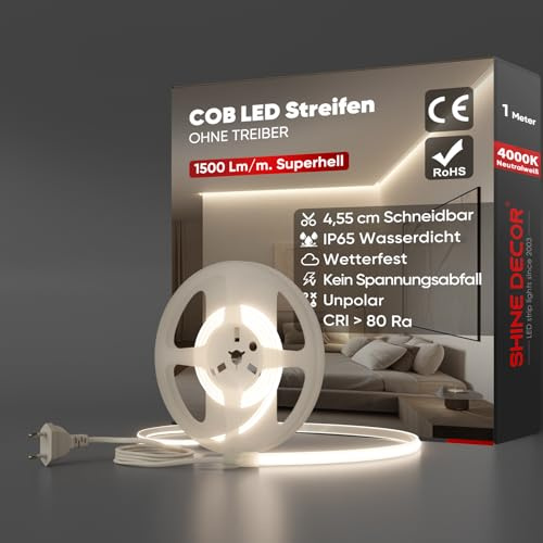 Shine Decor COB LED Streifen 1m, AC 220V 230V IP65 Wasserdicht LED Band, SMD2025 286 leds/m Ultrahohe Helligkeit Lichtleiste für Küche Garten LED Beleuchtung (1M, Neutralweiß, CE Zertifiziert)