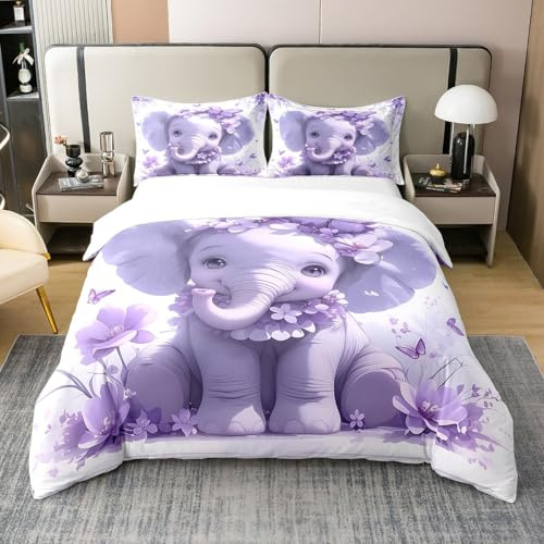 Purple Elephant 100% Cotton Duvet Cover Single for Kids Boys Girls,3D Elephant Kawaii Bedding Set,Fantasy Purple Flower Bed Set,Butterflies Print Quilt Cover with 1 Pillow Case for Bedroom