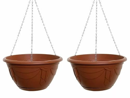 ZARVICZONIA Plastic Venetian Flower Basket Hanging Planter Garden Plant Pot With Chain 32cm (Terracotta, Pack of 2)