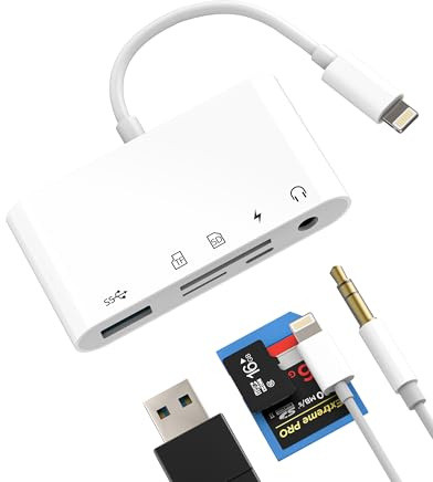 Adaptador Lightning a USB Lector De Tarjeta SD 3.5mm Jack Auriculares(5 En 1) para iPad Micro SD TF Memory Card Reader para iPhone 14 para Apple Cámara OTG 3.0 Cable AUX Audio Cargador Conector Stick
