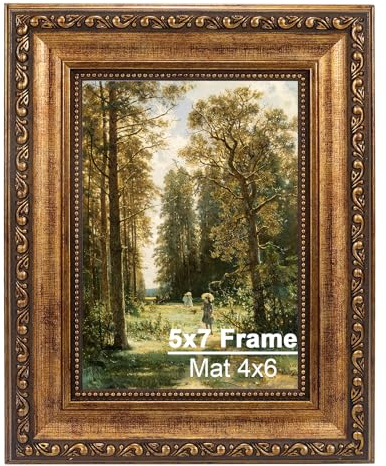 Pequecom 5x7 Vintage Gold Picture Frame, Ornate Victorian Frame for Gallery Wall & Tabletop, Antique Gold Frame with Real Glass, Display Art 4x6 with Mat or 5x7 without Mat