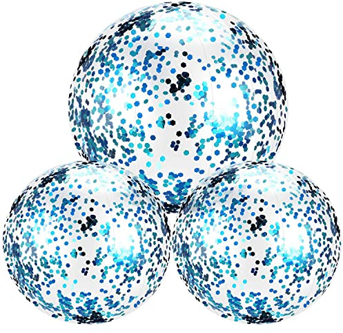 Aufblasbare Glitter Wasserbälle, 3 PCS Wasserball Glitzer, Transparenter Wasserball Kinder, Ball Aufblasbar, Schwimmball, für Kinder Wasserspiele im Sommer, Strandpartys (Blau)