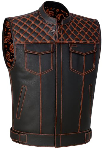 SOA Men's Motorcycle Vest, Genuine Buffalo Leather, Armor PaisleyOrange L