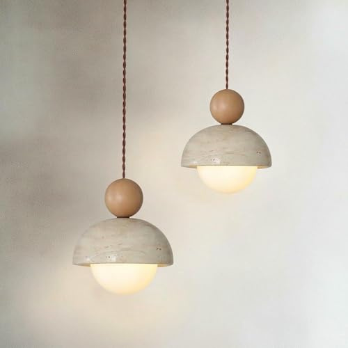 Lampada a sospensione in travertino giallo Wabi-Sabi giapponese, paralume in pietra naturale con luce a sospensione in legno G9, illuminazione nordica mini per isola cucina sala da pranzo 2 pezzi