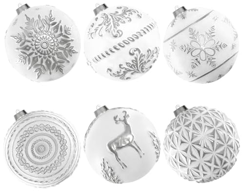 Lanpn 6 Pcs 15cm Large Christmas Ball Baubles, Outdoor Xmas Tree Balls Ornament, Shatterproof Christmas Bauble Decorations Set for Winter Holiday Home, Assorted Relief Pattern, White & Silver