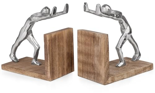 Moritz Buchstützen Book Balance 2er-Set 18,5 cm Mangoholz Aluminium | Handgefertigtes Unikat aus Holz und Metall, ein ausdrucksstarker Blickfang für Wohnzimmer, Büro, Regal oder Sideboard