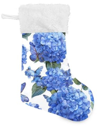 OTVEE Blue Hydrangea Flowers and Butterfy Pattern Christmas Stockings 2 Piece, 17.7 inches Velvet Hanging Decorations Stockings for Family Holiday Fireplace Xmas Tree Party