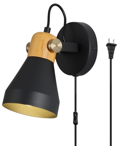 Modern Plug-in Wall Sconces - Adjustable Reading Light with Real Wood Accent, Matte Black Wall Lamp for Bedroom, Living Room, Apartment, Home Office