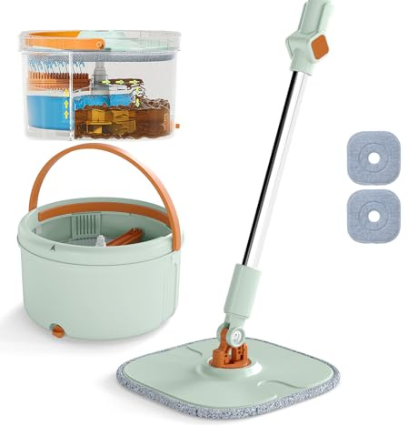 LIFEZEAL Vadrouille Lave-Vaisselle Professionnel Rotatif avec Pains, essoreur, Double Seau, Filtre, Longueur réglable, séparation de l'eau pour différentes Surfaces (Vert| 1 tête + 2 Chiffons)