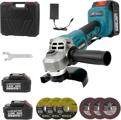 WUDLEP 21V Brushless Angle Grinder, 10000RPM Powerful Metal Cutter with 2 * 4.0Ah Batteries, Cordless Grinder Kit Includes 4-1/2'' Disc, 6 Cutting and Grinding Wheels and Storage Case