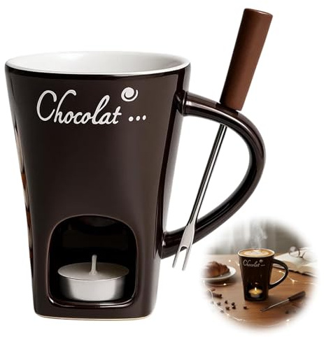 JcvPot Chocolate Tasse, Schokoladenfondue Tasse mit Gabeln, Praktische Schmelztasse für Schokolade, Ideal für Partys und Romantische Abende, Braun