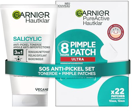 Garnier Hautklar Anti-Unreinheiten SOS-Set – 3in1 Reinigung, Peeling & Maske + Pimple Patches Ultra – Tiefenreinigung & SOS Hilfe gegen Pickel & Mitesser – Mit Tonerde, Zink & Salizylsäure – 2-teilig