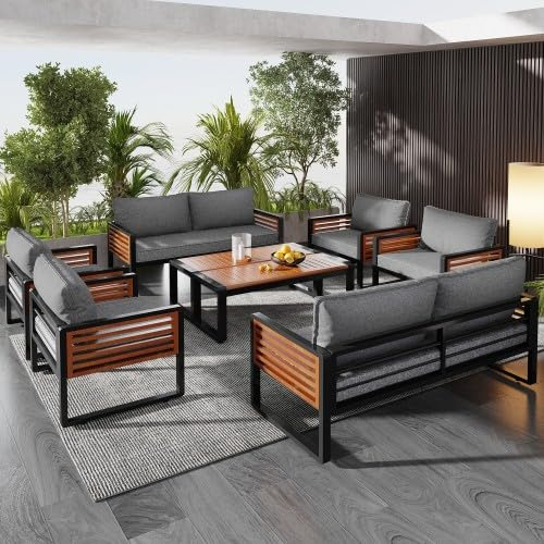 Merax Gartenmöbel Set, 8-teiliges Gartenlounge-Set mit verzinktem Eisenrahmen, 2x2-Sitzer-Sofa, 4 Einzelstühle, 2 Tische, Akazienholz-Armlehnen, Graue Lounge Möbel für Terrasse und Balkon