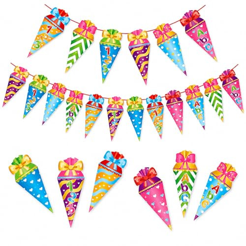 Ovanda Zuckertüte Wimpelkette Einschulung Deko für Einschulung 2026 | Aus Papier, Anhänger ca. 7,2 x 17,5 cm, mit Band und Nadel; für Mädchen & Jungen, Kuchentisch, Tür, Fenster und Fotos.