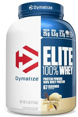 Dymatize Elite 100% Whey Protein Powder, Vanilla, 25g of Protein, 5.5g BCAAs, Less Than 140 Cal., Gluten Free, 2g Carb, 2g Sugar, 3g Fat (67 Servings)