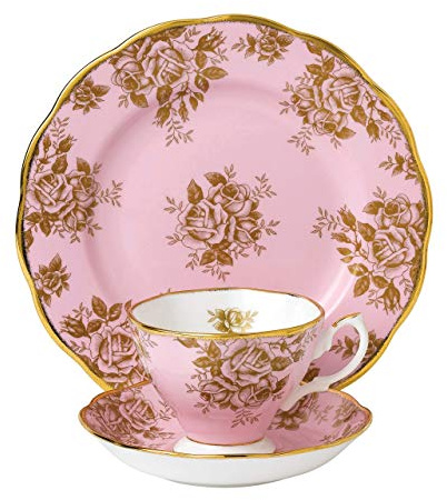 Royal Albert 1960 Teetasse und Untertasse und Teller, 3-teiliges Set in Gold-Rosa