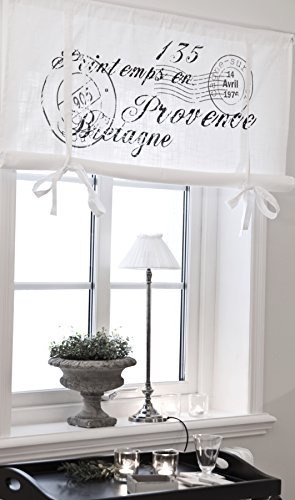 Scheibengardine Raff Gardine Raffrollo Vorhang 'Bretagne' 80 x 100 cm (BxH) weiß mit Stempel Aufdruck in schwarz grau Baumwolle Landhaus Shabby French Vintage Retro Antik Nostalgie