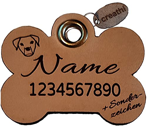 Anhänger Form: Knochen EchtesLeder Hundemarke 4,5x3,5cm Wunschtext | personalisierbar: z.B. Name, Tel, Adresse, Hinweise, auch a.d. Rückseite, geräuscharm