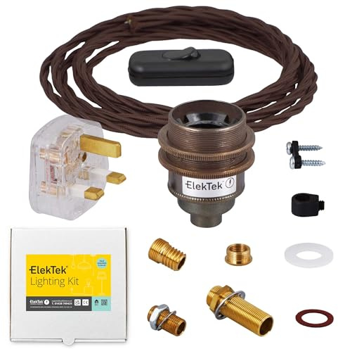 ElekTek Premium Lamp Kit Antique Brass Shade Ring E27 Lamp Holder with Twisted Brown Flex, In Line Switch and 3A UK Plug
