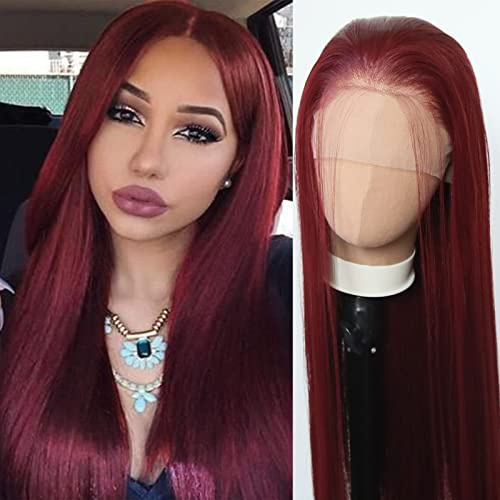 Towarm Burgunderrote Perücke: lange, glatte synthetische Lace-Front-Perücke für Frauen, Weinrot, vorgezupfter natürlicher Haaransatz mit Babyhaar, Cosplay & tägliches Tragen