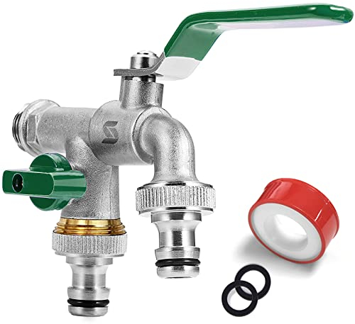 SPGOOD Garten Wasserhahn,Doppel Auslaufhahn 1/2 Zoll,aus Messing Rost-und Frostsicher, mit 2 x Schlauchanschlüsse,1x Rollendichtband,Doppelanschluss und Schlauchtülle für,für Garten(Grün)