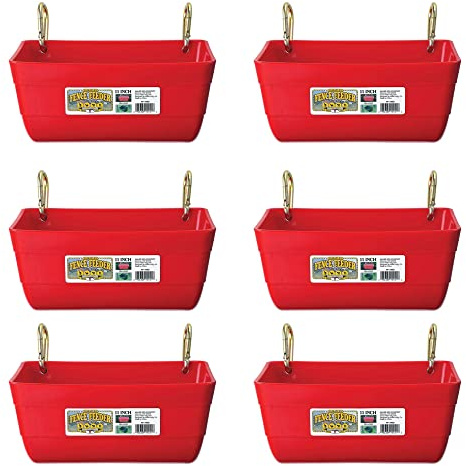 Little Giant FF11RED 4.5 Quart Heavy Duty Plastic Feed Trough Bucket Fence Feeder with Carabiner Clips for Livestock and Pets, Red (6 Pack)