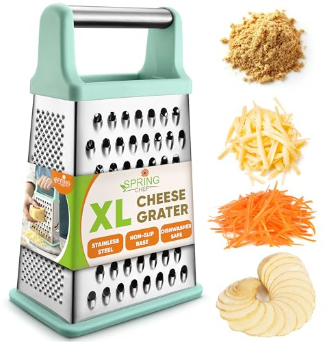 Spring Chef Stainless Steel XL Cheese Grater for Kitchen, Mint | 4 Sided Manual Metal Box Grater for Carrot, Potato, Parmesan, Cheese Shredder, Professional Vegetable Grater, Dishwasher Safe