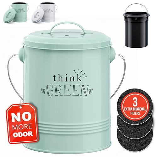 Barnyard Designs Decorative Compost Bin with Lid for Kitchen Countertop, Food Composter Container Can, Small Indoor Compost Trash Bucket, 1 Gallon (4.5L), Galvanized Steel, 18 x 24cm, Mint