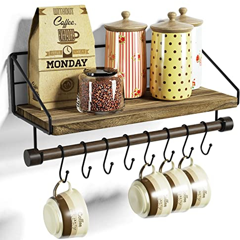 Alsonerbay Floating Shelves Wall Mounted Solid Wood Wall Shelf Decorative Storage Shelf with 8 Removable Hooks, Towel Bar and Foldable Metal Grid Bracket for Bathroom, Kitchen Carbonized Black