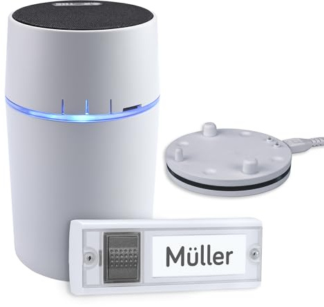 Grothe Mobile Funkklingel Türklingel Funkgong Set mit Haustürklingel Kabellose Türglocke 500m Reichweite 13 Melodien Batteriebetrieben Weiß CALIMA 800 (Eingebaute Bluetooth Lautsprecher Funktion)