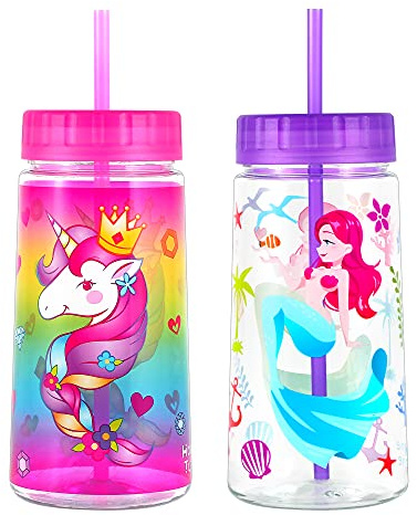 Home Tune 28oz Water Drinking Bottle - BPA Free, Wide Mouth, Travel Beverage Cup with Straw Lid, Lightweight, Water Bottle with Cute Foil Print Design For Girls & Boys - Unicorn & Mermaid 2 Pack