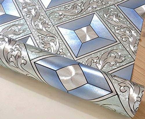 MEAIHOME Modern minimalistisk silverfolie rutnät flimmer tjock vattentät väggpapper/hotell tak/dekorativ/bar/TV bakgrund tapet rulle silver blå icke-klistrad 4,8 tum B x 32,8 tum L