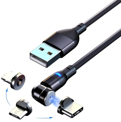 ElectroWorldFR Cable USB Cargador Magnético 540° 2 Metros LED 3 en 1 Tipo C/Micro/8 Pin 540°